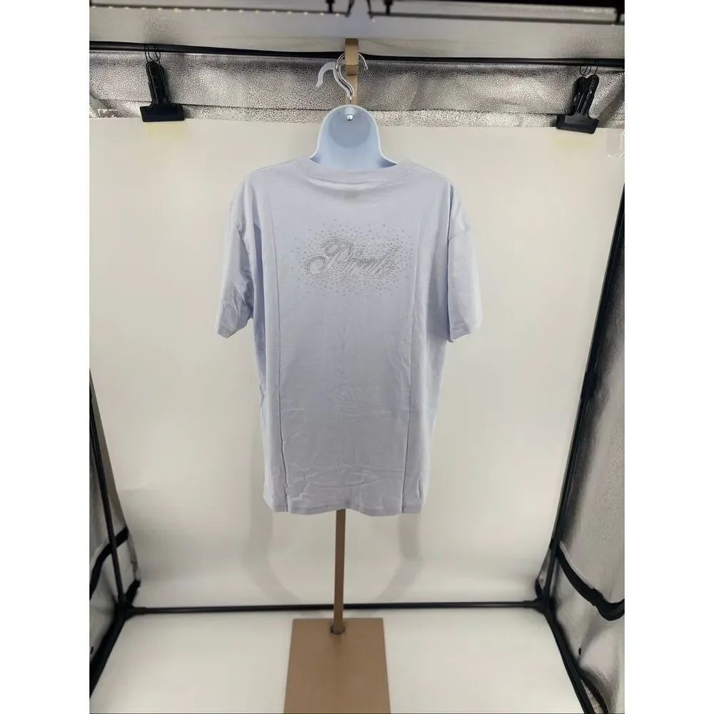 Victoria’s Secret PINK Campus T Shirt M Blue Short Sleeve Glitter Logo Top